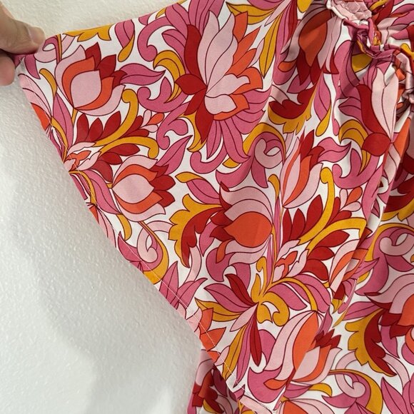 THML Anthropologie Blouse T-shirt M Floral Ruffle Colorful Pink Orange Preppy - Picture 5 of 9